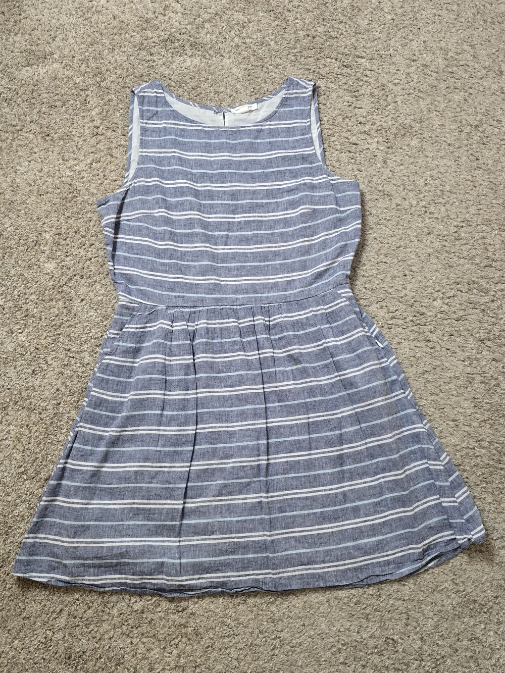 beachlunchlounge Blue/White Linen Striped Sleeveless A-Line Knee Dress Lined L